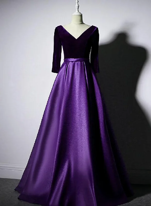 Dark Purple Long Sleeves V-neckline Velvet and satin Long Party Dress, Long Evening Dress Prom Dress Pleated Skirt Elegant Dark Purple Long Sleeves V-neckline Velvet and satin Long Party Dress, Long Evening Dress Prom Dress Pleated Skirt Elegant