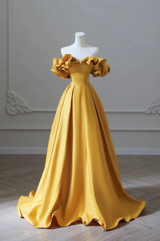 Yellow Satin Long Prom Dress, Simple Off Shoulder Evening Party Dress Tunics Long Elegant