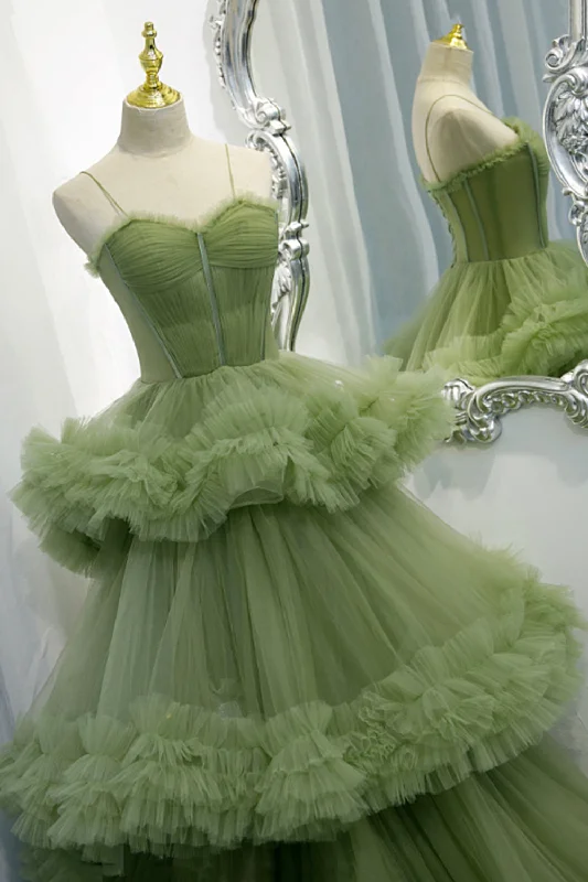 Green Spaghetti Straps Tulle Layers Long Formal Dress, Green Evening Party Dress Tunics Silk luxurious