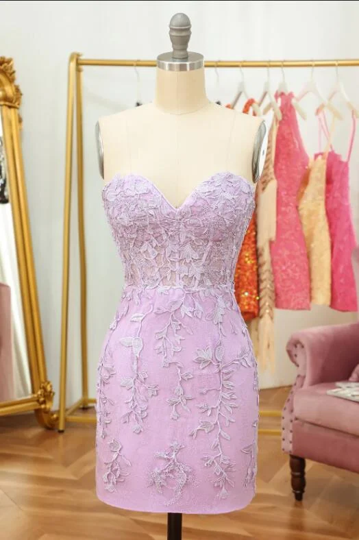 Lavender Appliqued Sheer Corset Short Tight Prom Dresses P620 Tunics Satin smooth