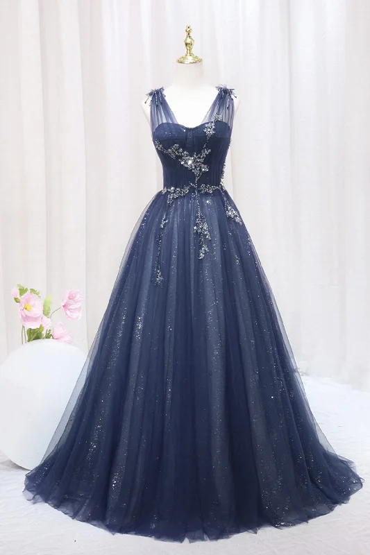 Blue Tulle Beaded Long Prom Dress, Blue A-Line Evening Party Dress Off-the-shoulder Chic Trendy
