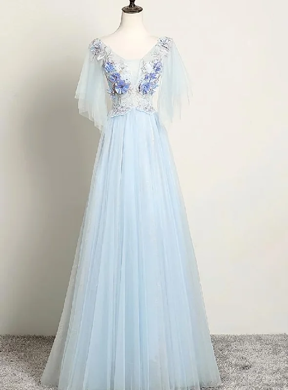 Light Blue Flower Lace V-neckline Puffy Sleeves Long Party Dress, Blue Prom Dress Evening Dress Tunics stripes playful