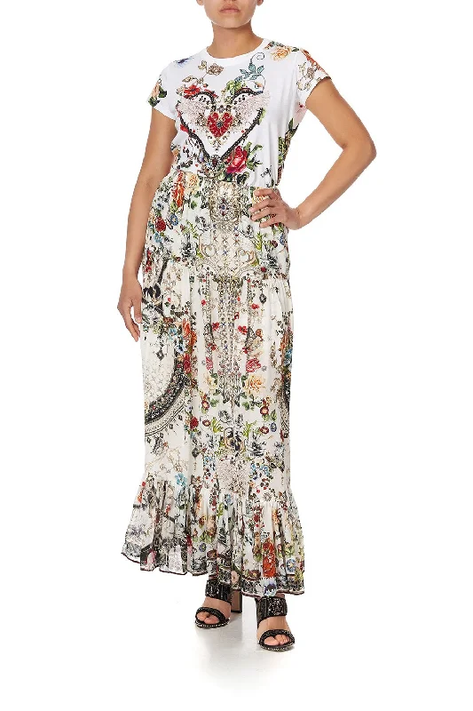 TIERED SKIRT WITH TIE UP DETAIL SHAKESPEARES GARDEN velvet skirt glossy