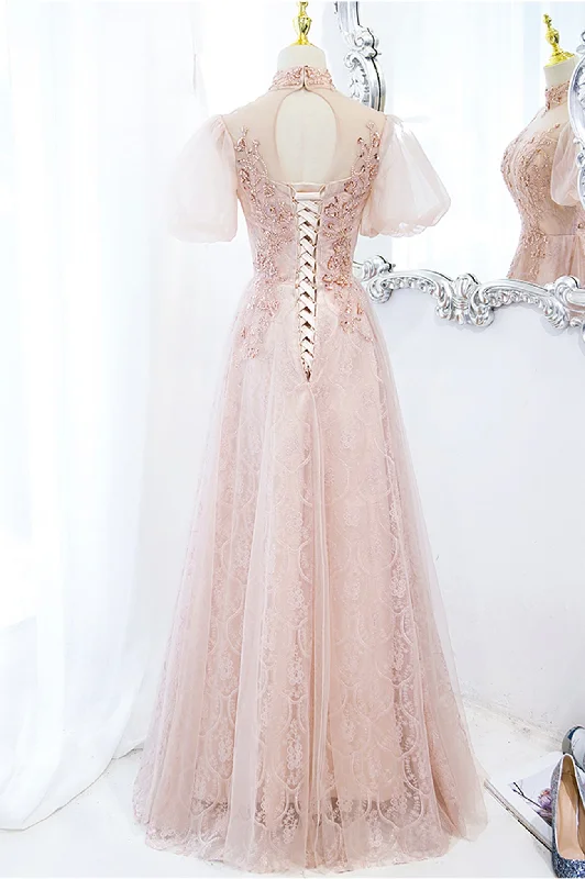 Pink Tulle Long A-Line Prom Dress, Pink Short Sleeve Evening Party Dress Tunics Custom made