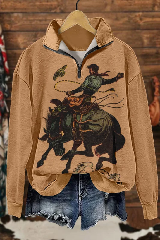 Retro Western Cowboy Horse Racing Rodeo Print Sweatshirt Hoodie with Drawstring Waist Adjustable Fitted