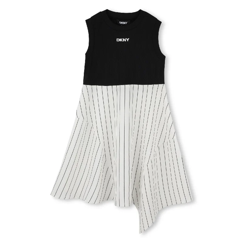 D62331-GIRLS STRIPED BOTTOM LONG DRESS-WHITE/BLACK Tunics Winter warm