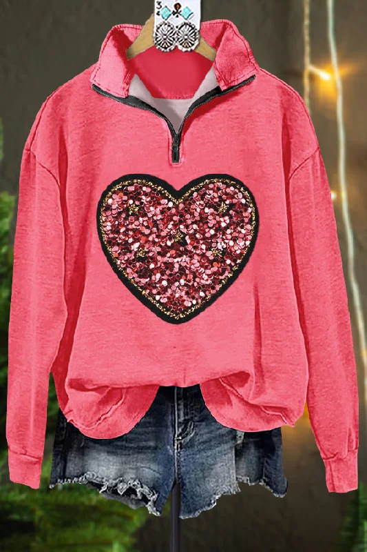 Classic Contrast Heart Valentine's Day Sweatshirt Hoodie with High Neck Warm Protective