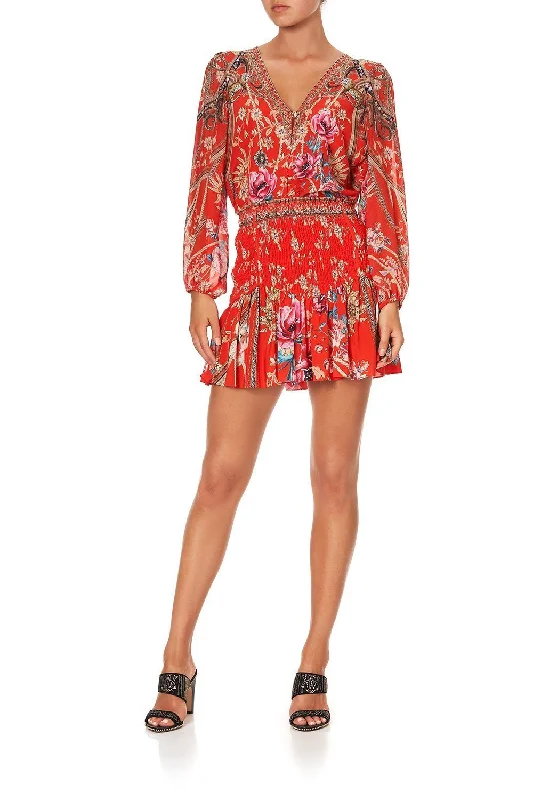 SHIRRED PANEL MINI SKIRT AND THE QUEEN WORE RED breathable skirt fabric
