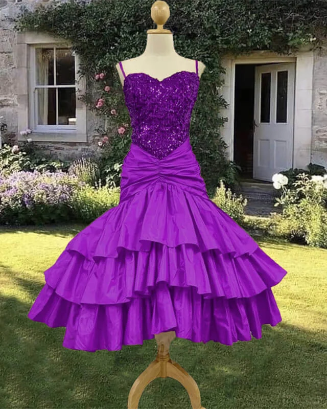 80s purple sequin ruffles party dress Tunics Denim casual