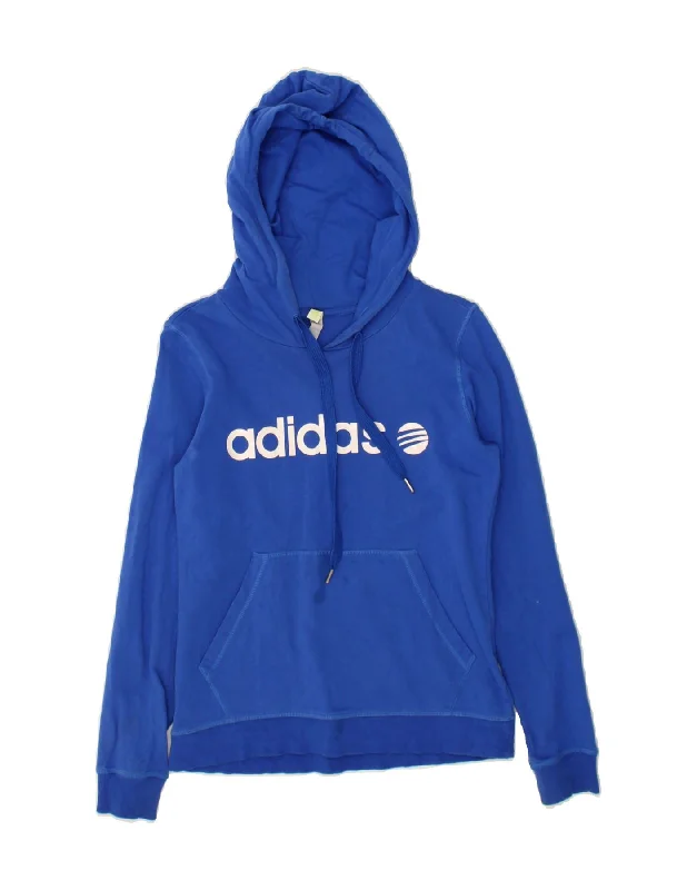 ADIDAS Womens Graphic Hoodie Jumper UK 12 Medium Blue Cotton Hoodie with Slim Fit Tailored Modern