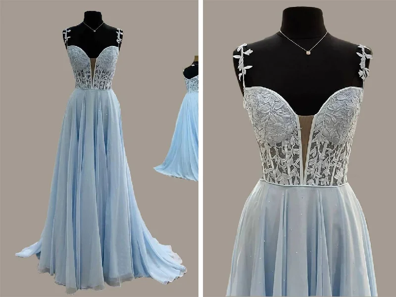 Plunging See Through Corset Blue Straps Prom Dresses Slit  P630 Tunics Lace romantic