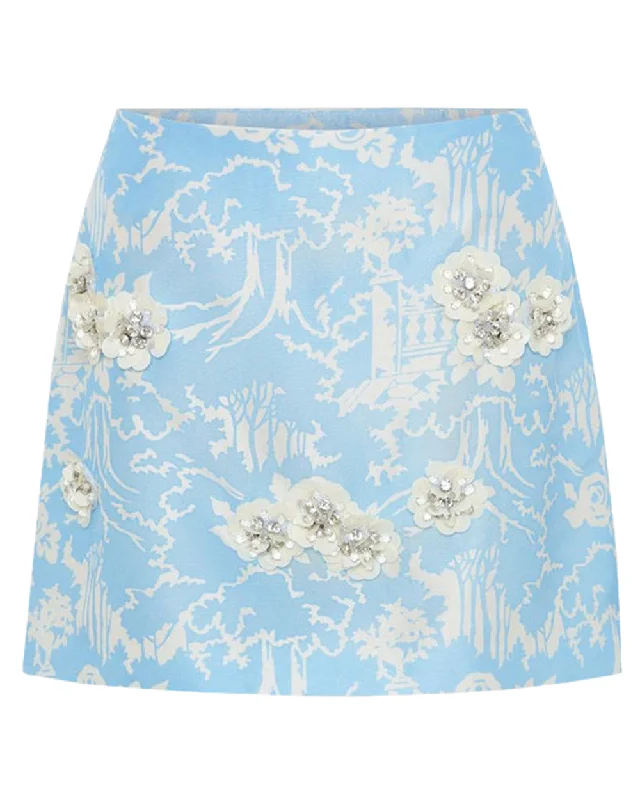 Sky Blue Toile Embellished Garden Mini Skirt wool skirt warm