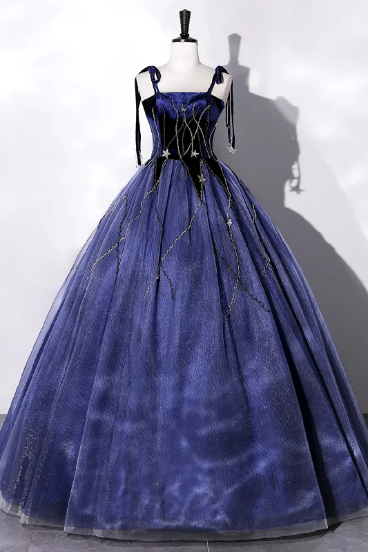 Blue Spaghetti Strap Tulle Long Prom Dress with Star, Blue Evening Party Dress Tunics Top Casual