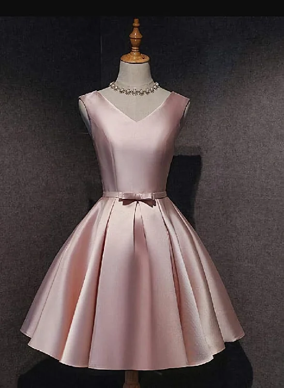 Cute Short Satin Pink V-neckline Knee Length Party Dress, Pink Prom Dress Homecoming Dress Satin Halter Glamorous Cute Short Satin Pink V-neckline Knee Length Party Dress, Pink Prom Dress Homecoming Dress Satin Halter Glamorous