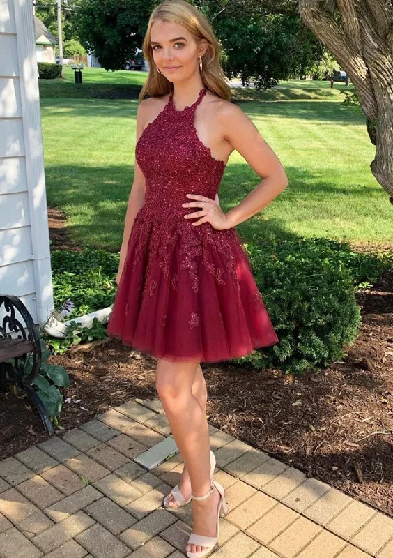 A-line Halter Backless Lace Tulle Short Prom Cocktail Party Dress, Beaded Tunics Vintage classic A-line Halter Backless Lace Tulle Short Prom Cocktail Party Dress, Beaded Tunics Vintage classic