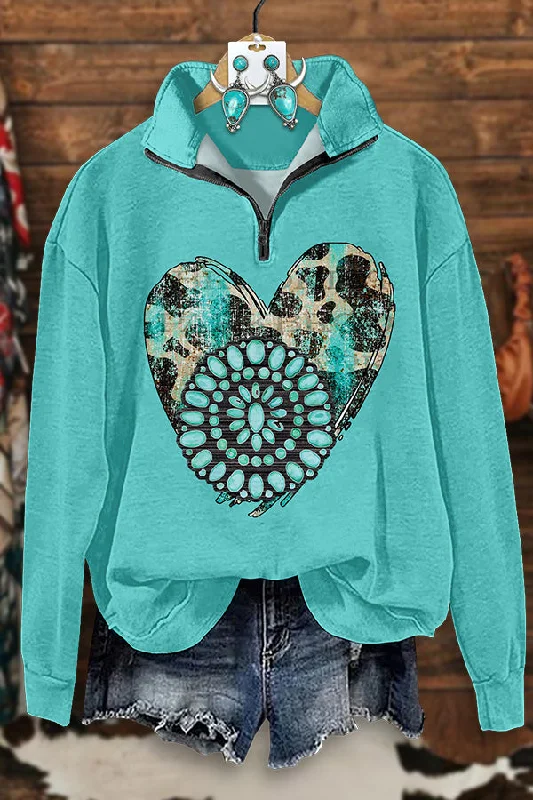 Western Heart Print Zip-Up Sweatshirt Hoodie with Pocket Utility Practical