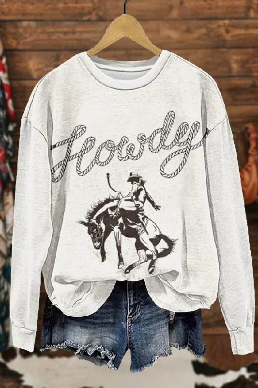 Retro Howdy Western Cowboy Horse Racing Rodeo Print Sweatshirt Hoodie with Tied Waist Feminine Flattering