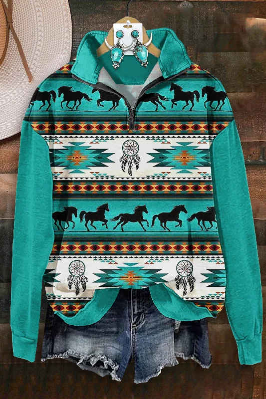 Classic Aztec Horse Print Zip-Up Sweatshirt Hoodie with Hem Drawcord Adjustable Customizable