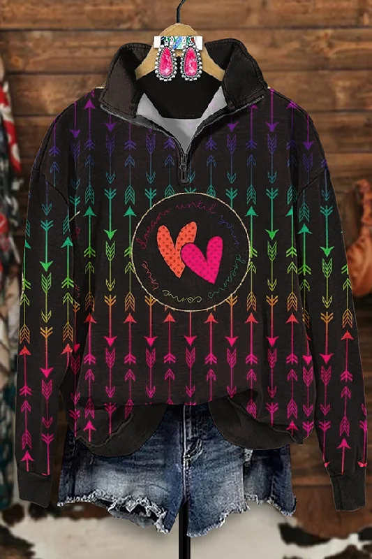 Retro Western Arrow Heart Print Zip-Up Sweatshirt Hoodie with Drawcord Adjustable Secure
