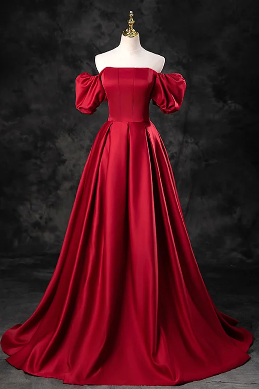 Burgundy Satin Long A-Line Prom Dress, Off the Shoulder Evening Party Dress Tunics Practical durable Burgundy Satin Long A-Line Prom Dress, Off the Shoulder Evening Party Dress Tunics Practical durable