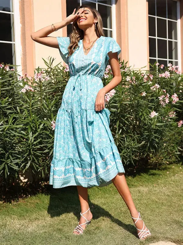 Blue Zone Planet |  Ladies Vacation Slim Midi Floral Dress Casual Short Summer