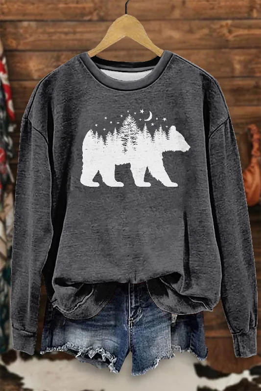 Cute Bear Forest Sweatshirt Hoodie with Rhinestones Sparkly Elegant