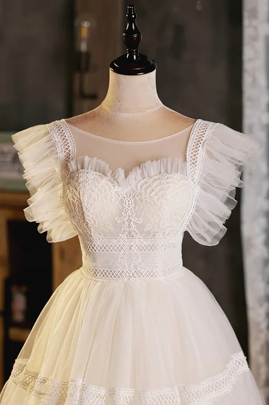 Cute Lace Short A-Line Prom Dress, Champagne Mini Homecoming Party Dress Crew Neckline Sporty Cute Lace Short A-Line Prom Dress, Champagne Mini Homecoming Party Dress Crew Neckline Sporty