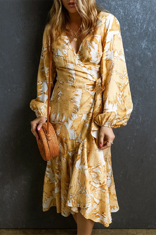 Blue Zone Planet | Yellow V Neck Wrap Lace up Bubble Sleeve Floral Dress Tunics Gym athletic Blue Zone Planet | Yellow V Neck Wrap Lace up Bubble Sleeve Floral Dress Tunics Gym athletic