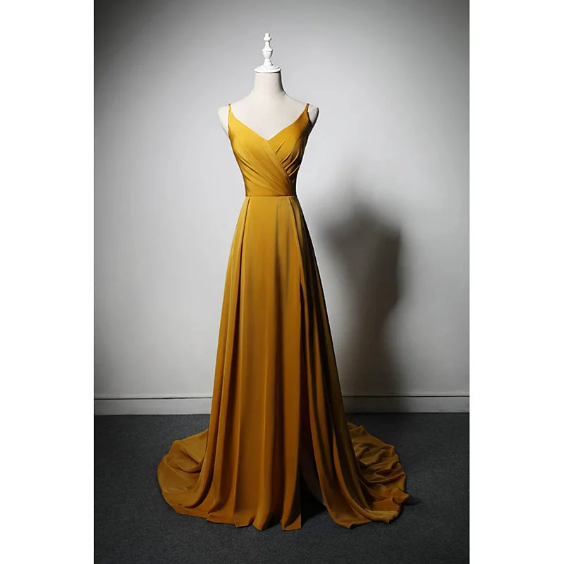 Goleden V-neckline Straps Long Party Dress with Leg Slit, Long Gold Evening Dress Prom Dress Tunics Polka dots