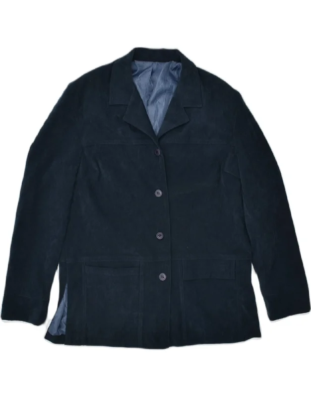 VINTAGE Womens 4 Button Blazer Jacket IT 46 Large Blue Polyester Faux Fur Fabric Real Fur Fabric Shearling Fabric
