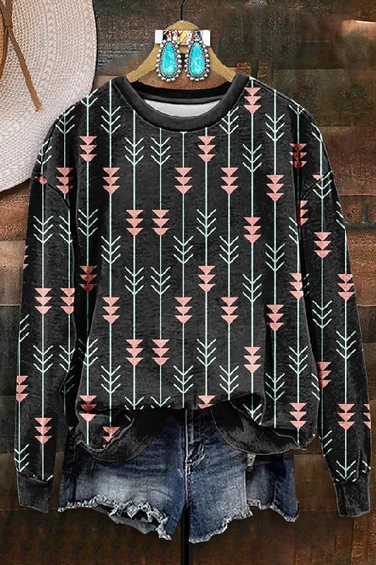 Retro Western Aztec Arrow Print Sweatshirt Hoodie with V-Neck Classic Versatile