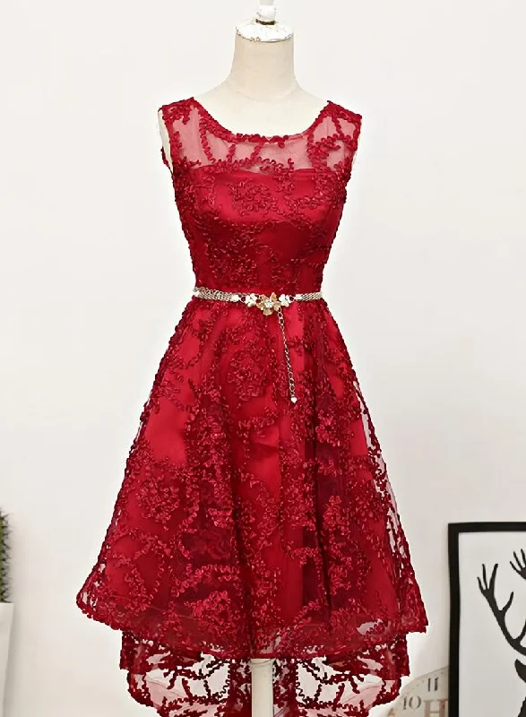 Dark Red High Low Lace Party Dress Homecoming Dress, Red Short Prom Dress Turtleneck Warm Winter Dark Red High Low Lace Party Dress Homecoming Dress, Red Short Prom Dress Turtleneck Warm Winter