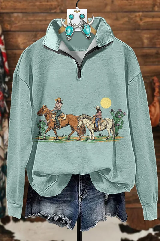 Turquoise Cowmom Zippered Sweatshirt Hoodie with Lining Warm Insulated