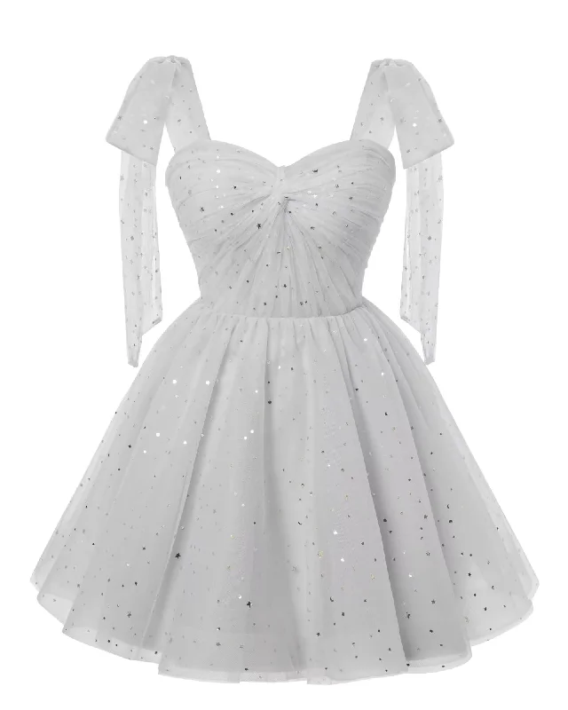Sparkly Starry Silver Gray Tulle Short Homecoming Dresses Spaghetti Bow Straps Prom Dress Sequin Cocktail Party Dress for Teens Tunics Winter warm Sparkly Starry Silver Gray Tulle Short Homecoming Dresses Spaghetti Bow Straps Prom Dress Sequin Cocktail Party Dress for Teens Tunics Winter warm