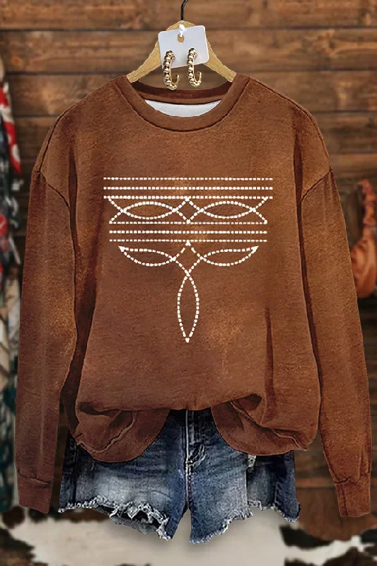 Western Boot Stitch Print Sweatshirt Hoodie with Contrast Stitching Detailed Premium