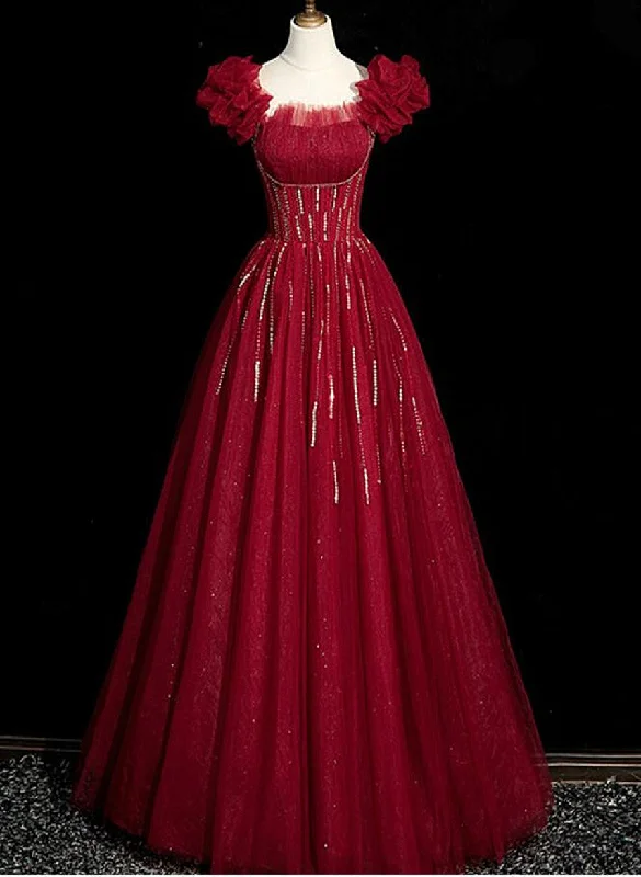 Wine Red Tulle Short Sleeves Beaded Party Dress, A-line Wine Red Prom Dress Tunics Fleece cozy Wine Red Tulle Short Sleeves Beaded Party Dress, A-line Wine Red Prom Dress Tunics Fleece cozy