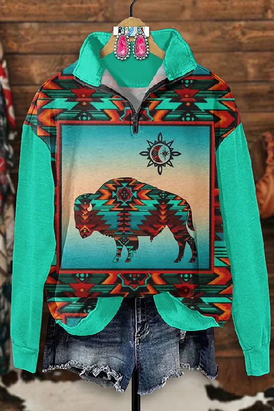 Retro Western Aztec Cow Print Zip-Up Sweatshirt Hoodie with Snap Buttons Easy Quick