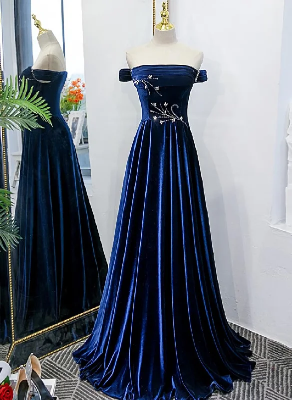 Blue Velvet Beaded Elegant Off Shoulder Evening Dress, Blue Long Prom Dress Party Dress Tunics Long Elegant Blue Velvet Beaded Elegant Off Shoulder Evening Dress, Blue Long Prom Dress Party Dress Tunics Long Elegant