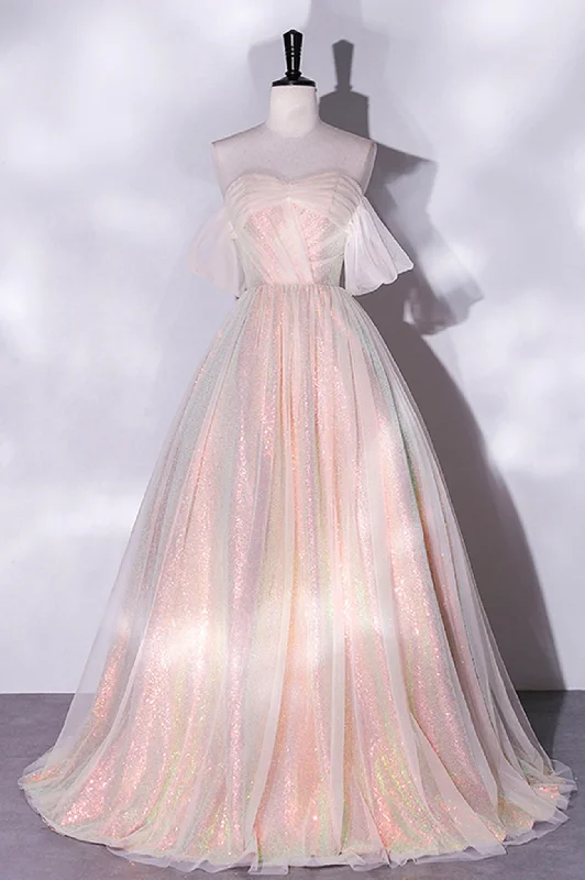 Champagne Sequins Long A-Line Prom Dress, Off the Shoulder Evening Party Dress Tunics Running lightweight
