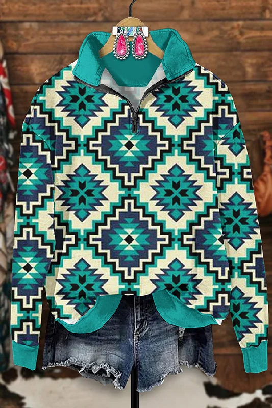Retro Western Aztec Print Zip-Up Sweatshirt Hoodie with Hem Frayed Vintage Worn