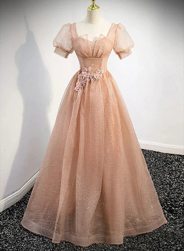 Pink Short Sleeves Tulle Party Dress, A-line Flower Lace Prom Dress Tunics Silk luxurious Pink Short Sleeves Tulle Party Dress, A-line Flower Lace Prom Dress Tunics Silk luxurious