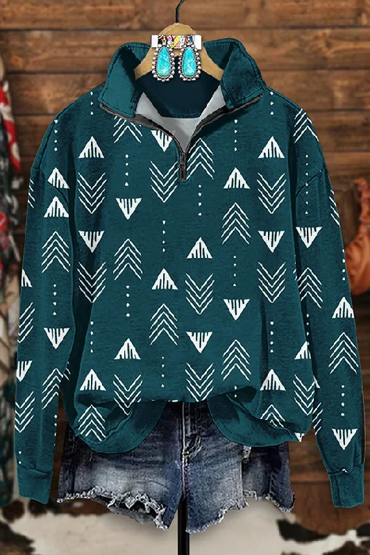 Retro Western Aztec Arrow Print Zip-Up Sweatshirt Hoodie with Contrast Stitching Detailed Premium