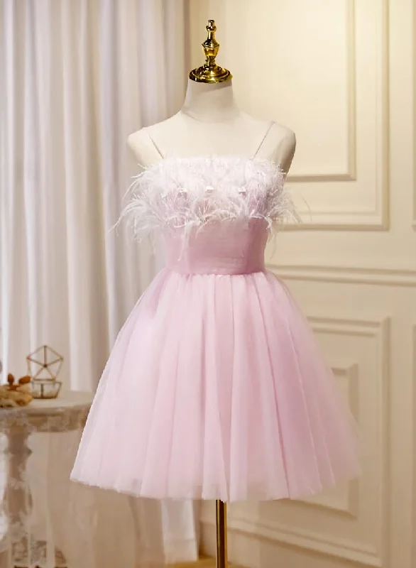 Lovely Pink Tulle Straps Knee Length Party Dresses, Pink Short Prom Dresses Tunics Floral girly Lovely Pink Tulle Straps Knee Length Party Dresses, Pink Short Prom Dresses Tunics Floral girly