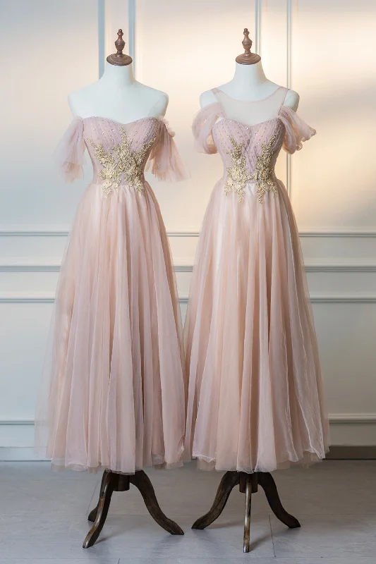 Cute Tulle Lace Tea Length Prom Dress, Pink A-Line Evening Party Dress Turtleneck Warm Winter