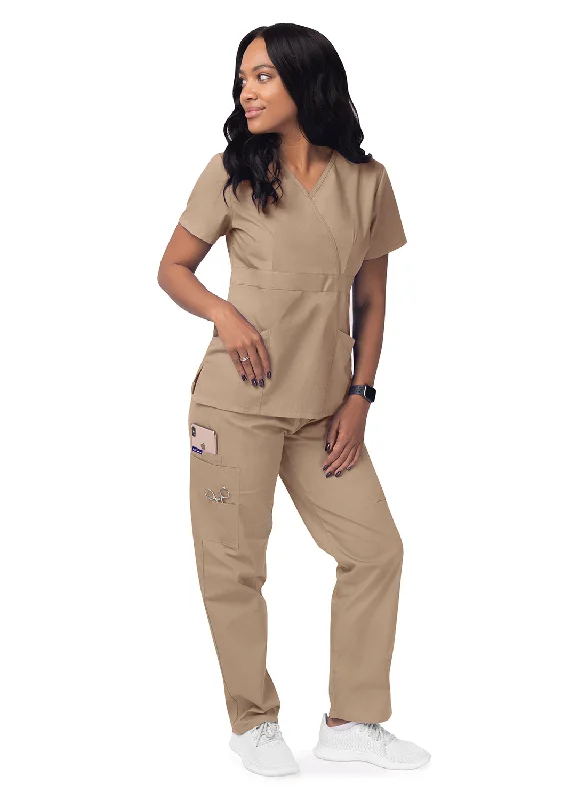 Women's Mock Wrap Top/Cargo Pant Scrub Set by Sivvan 2XL/ Khaki Casual Lounge Pants