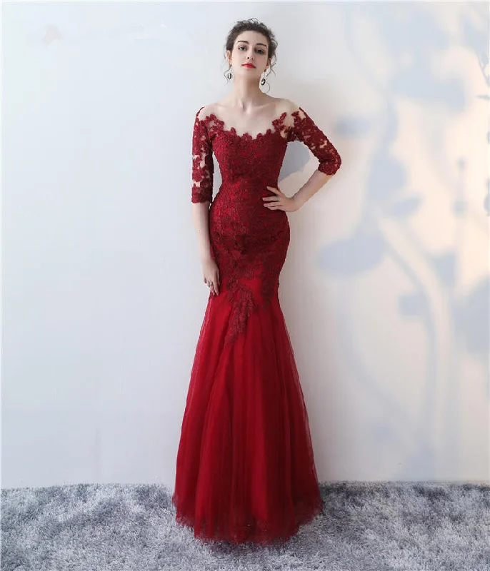 Appliqued Wine Lace Mermaid Prom Dresses Half Sleeves Tunics Canvas sturdy