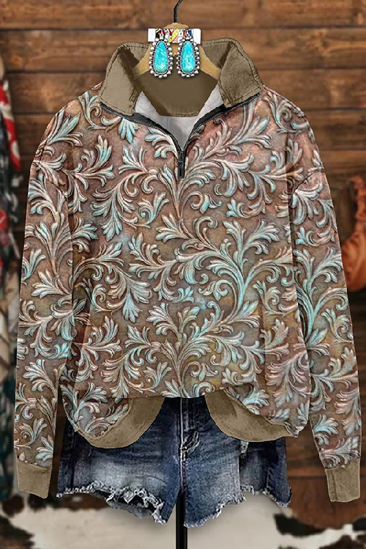 Retro Western Floral Print Zip-Up Sweatshirt Hoodie with Illustration Artistic Creative