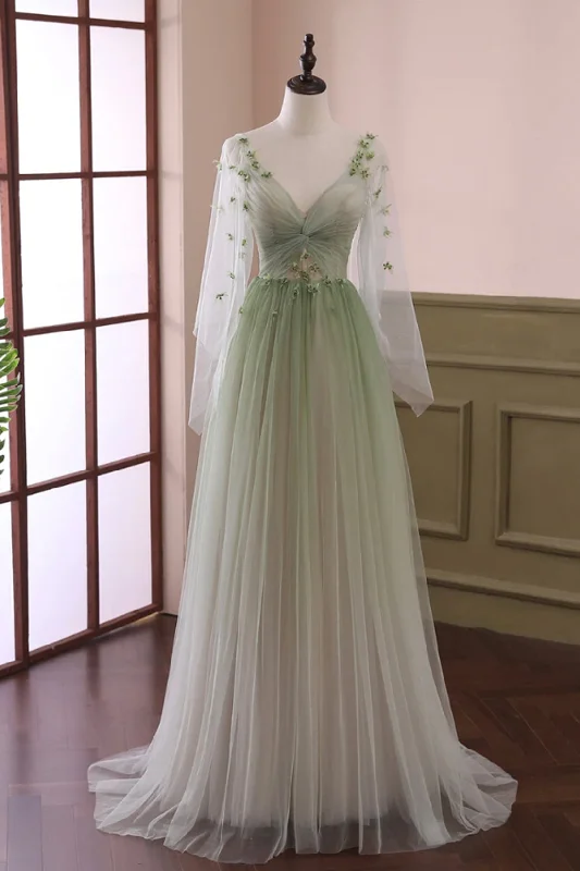 Gradient Tulle Green Long Sleeves Party Dress, Green Evening Formal Dresses Lace Sexy Club Gradient Tulle Green Long Sleeves Party Dress, Green Evening Formal Dresses Lace Sexy Club