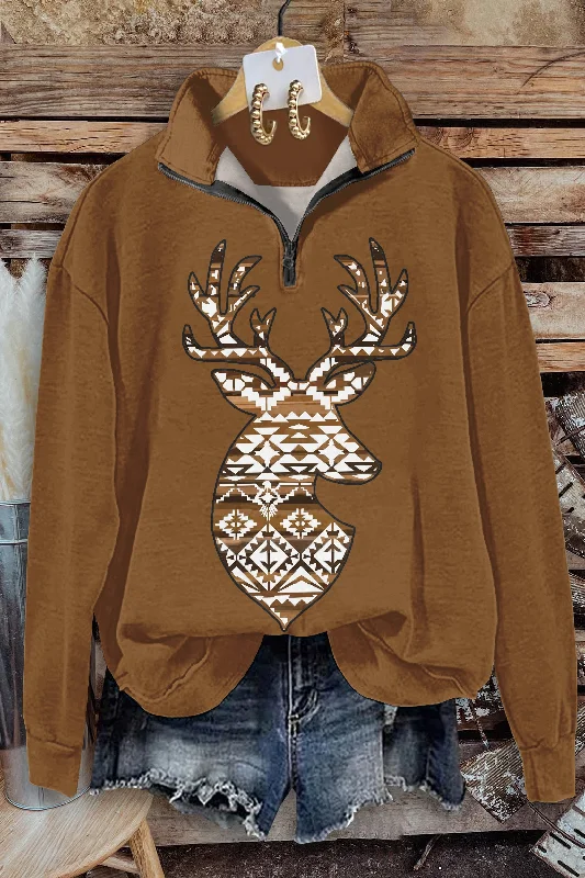 Vintage Elk Print Zip-Up Sweatshirt Hoodie with Back Slit Movement Comfort