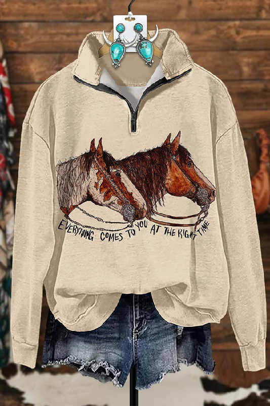 Western Hand Painted Horse Print Zipper Sweatshirt Hoodie with Rolled Sleeves Casual Relaxed